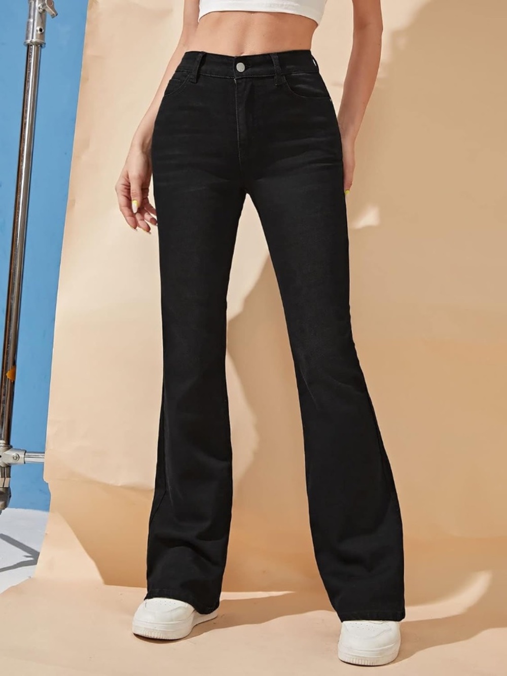 Black High Rise Flare Jeans | Stretch Bell Bottom Denim Pants